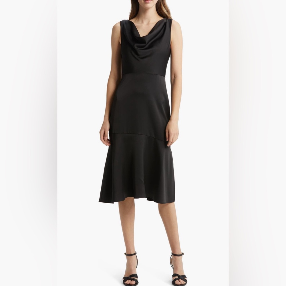 Gently worn Sam Edelman Drape Neck Midi Cocktail Dress in Black